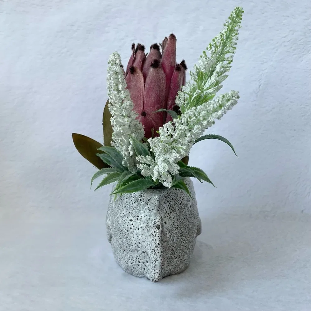 Handmade Faux Pink Protea Arrangement in Textured Fish Planter